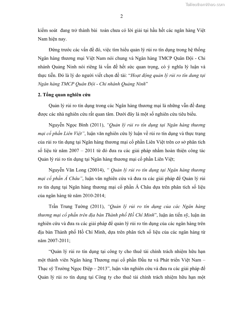 Luận văn thạc sĩ kinh doanh thương mại Hoạt động quản lý rủi ro tín dụng tại Ngân hàng TMCP Quân Đội - Chi nhánh Quảng Ninh - 2 Trang 13