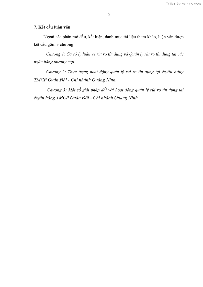Luận văn thạc sĩ kinh doanh thương mại Hoạt động quản lý rủi ro tín dụng tại Ngân hàng TMCP Quân Đội - Chi nhánh Quảng Ninh - 2 Trang 16