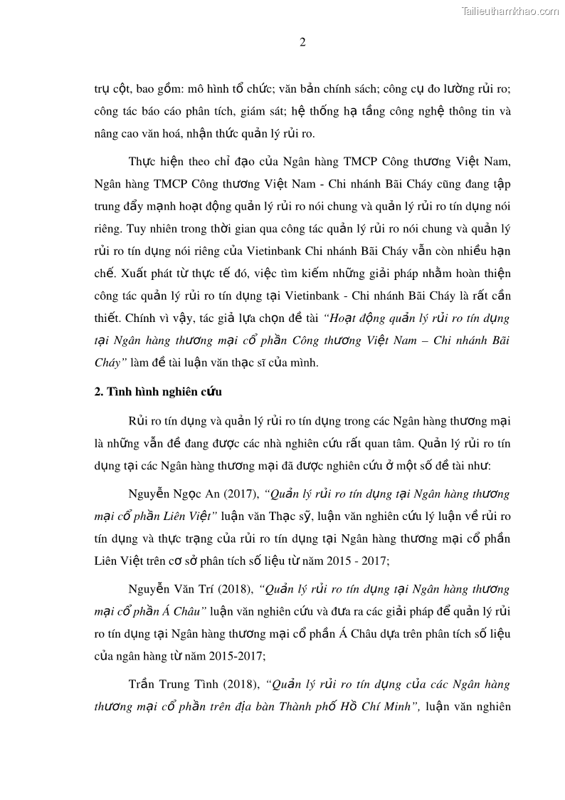 Luận văn thạc sĩ kinh doanh thương mại Hoạt động quản lý rủi ro tín dụng tại Ngân hàng TMCP Công Thương – Chi nhánh Bãi Cháy - 2 Trang 17