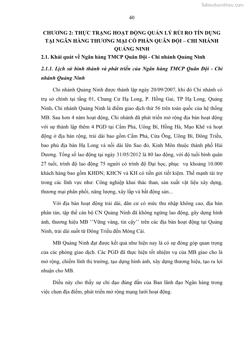 Luận văn thạc sĩ kinh doanh thương mại Hoạt động quản lý rủi ro tín dụng tại Ngân hàng TMCP Quân Đội - Chi nhánh Quảng Ninh - 5 Trang 51