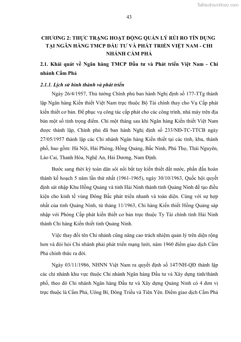 Luận văn thạc sĩ kinh doanh thương mại Hoạt động quản lý rủi ro tín dụng tại Ngân hàng TMCP Đầu tư và Phát triển Việt Nam - Chi nhánh Cẩm Phả - 5 Trang 53
