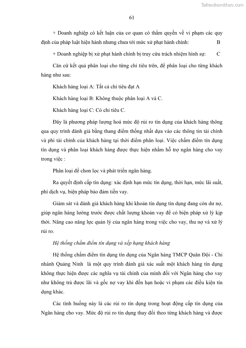 Luận văn thạc sĩ kinh doanh thương mại Hoạt động quản lý rủi ro tín dụng tại Ngân hàng TMCP Quân Đội - Chi nhánh Quảng Ninh - 6 Trang 72
