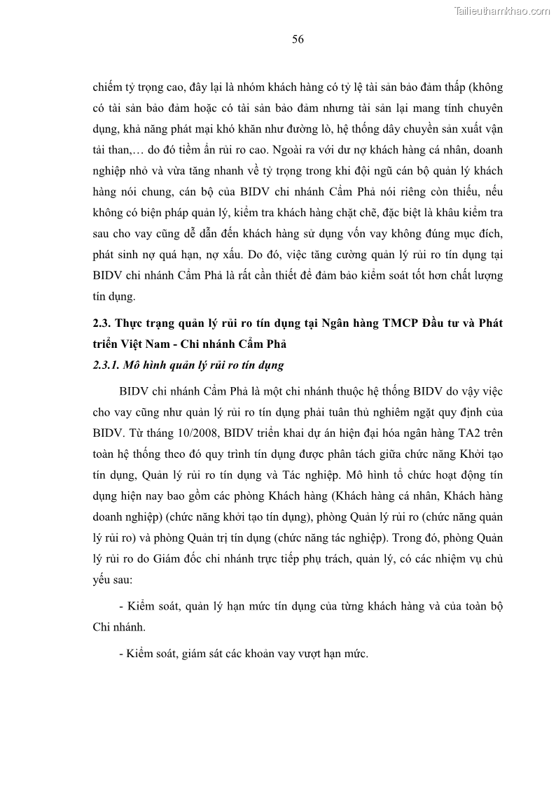 Luận văn thạc sĩ kinh doanh thương mại Hoạt động quản lý rủi ro tín dụng tại Ngân hàng TMCP Đầu tư và Phát triển Việt Nam - Chi nhánh Cẩm Phả - 6 Trang 66