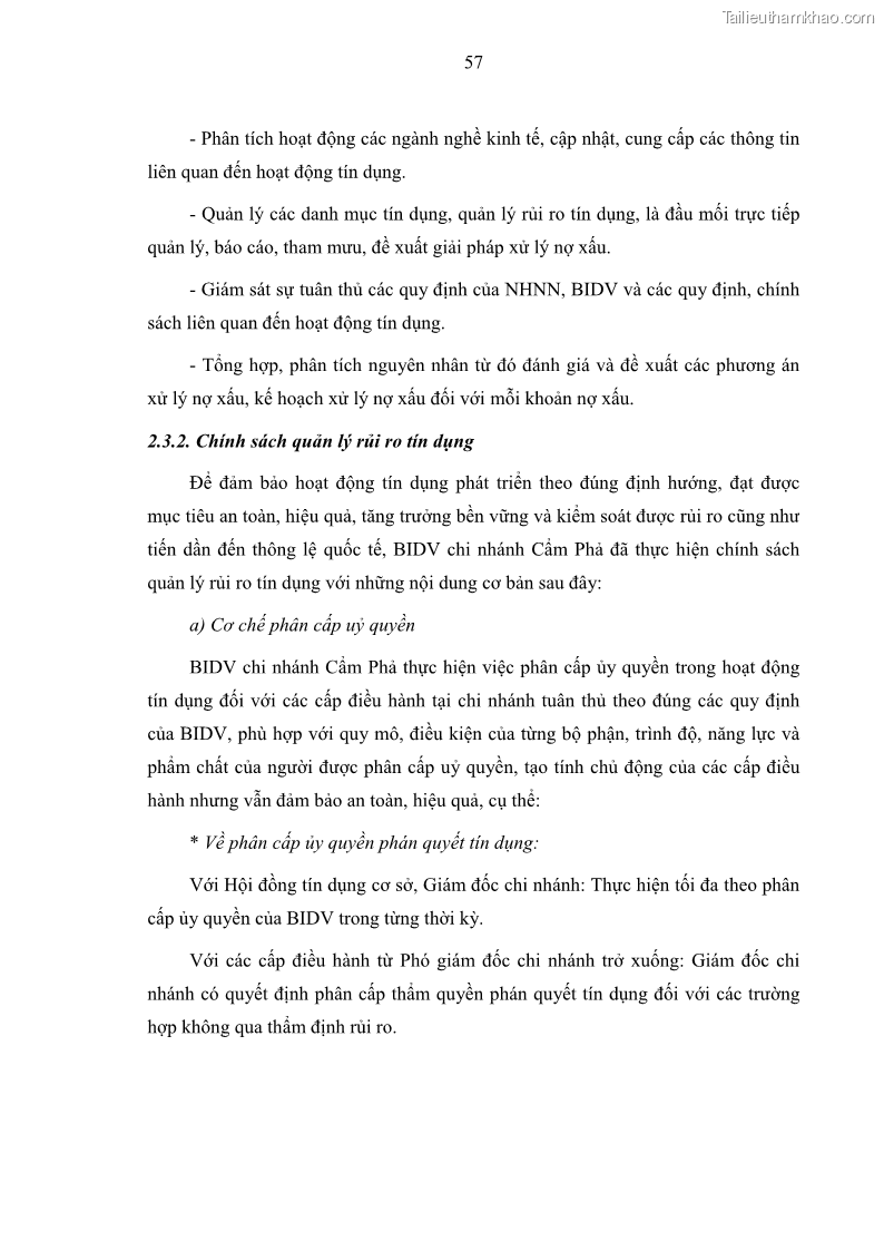 Luận văn thạc sĩ kinh doanh thương mại Hoạt động quản lý rủi ro tín dụng tại Ngân hàng TMCP Đầu tư và Phát triển Việt Nam - Chi nhánh Cẩm Phả - 6 Trang 67