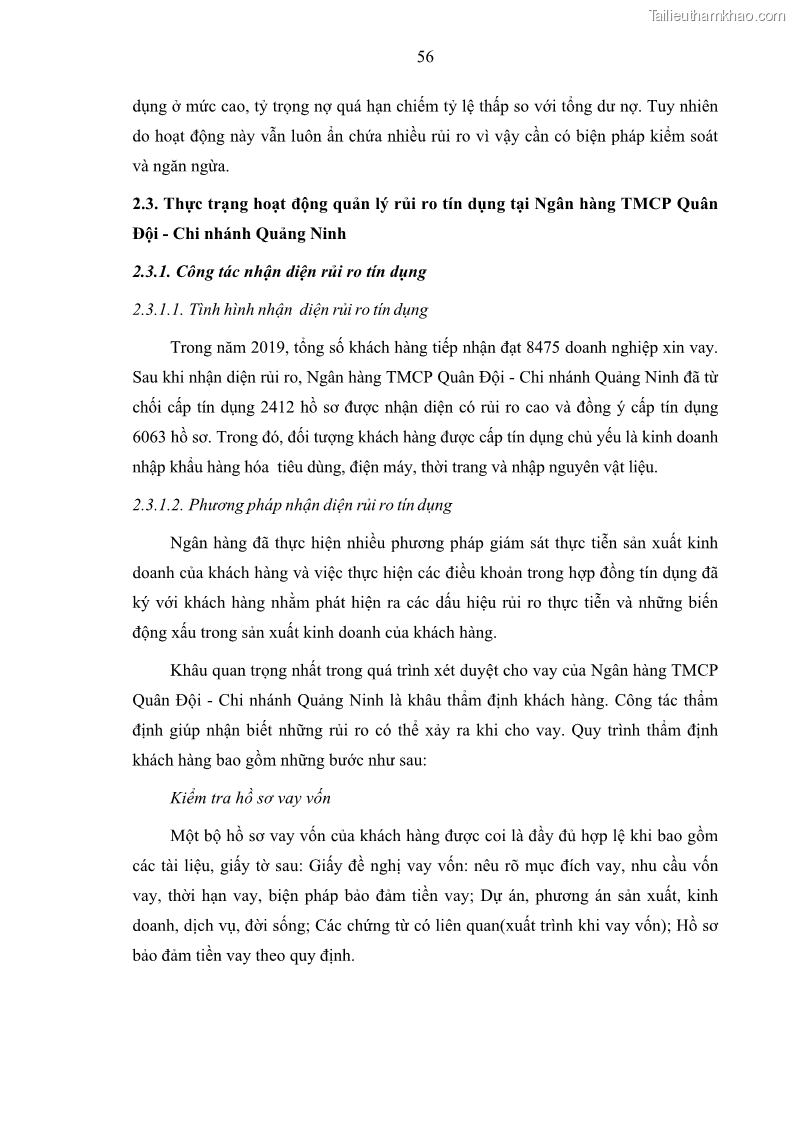 Luận văn thạc sĩ kinh doanh thương mại Hoạt động quản lý rủi ro tín dụng tại Ngân hàng TMCP Quân Đội - Chi nhánh Quảng Ninh - 6 Trang 67