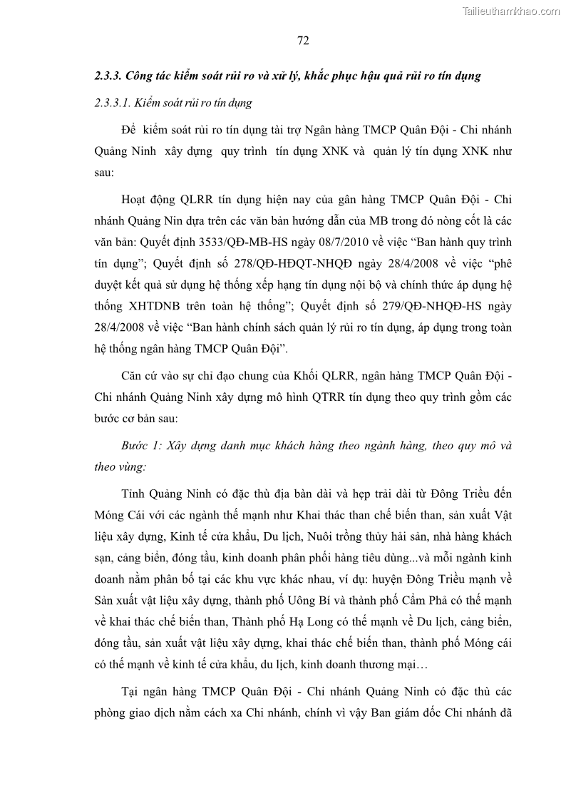 Luận văn thạc sĩ kinh doanh thương mại Hoạt động quản lý rủi ro tín dụng tại Ngân hàng TMCP Quân Đội - Chi nhánh Quảng Ninh - 7 Trang 83