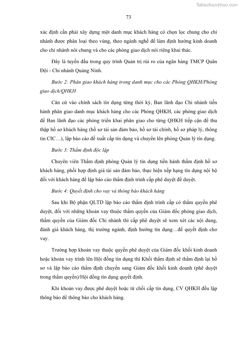 Luận văn thạc sĩ kinh doanh thương mại Hoạt động quản lý rủi ro tín dụng tại Ngân hàng TMCP Quân Đội - Chi nhánh Quảng Ninh - 7 Trang 84