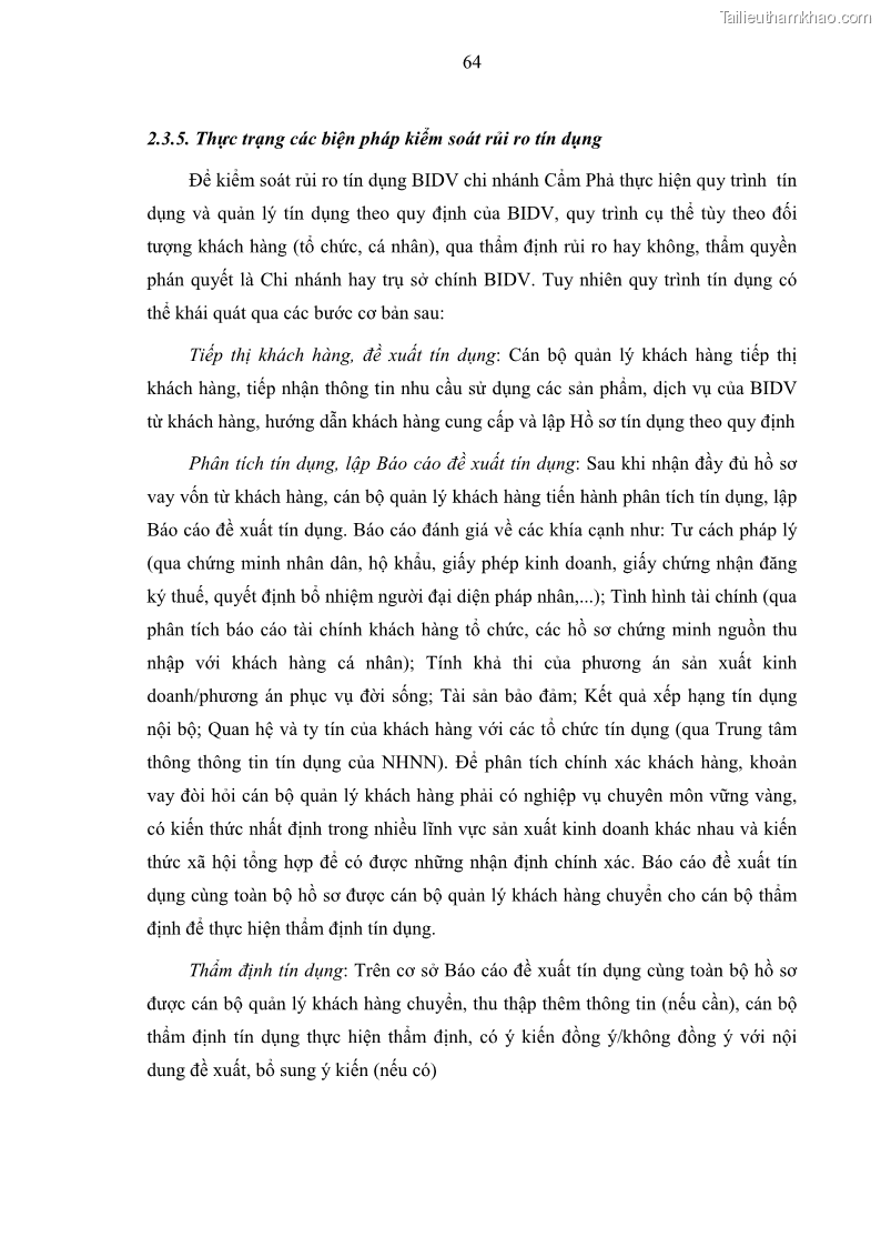 Luận văn thạc sĩ kinh doanh thương mại Hoạt động quản lý rủi ro tín dụng tại Ngân hàng TMCP Đầu tư và Phát triển Việt Nam - Chi nhánh Cẩm Phả - 7 Trang 74