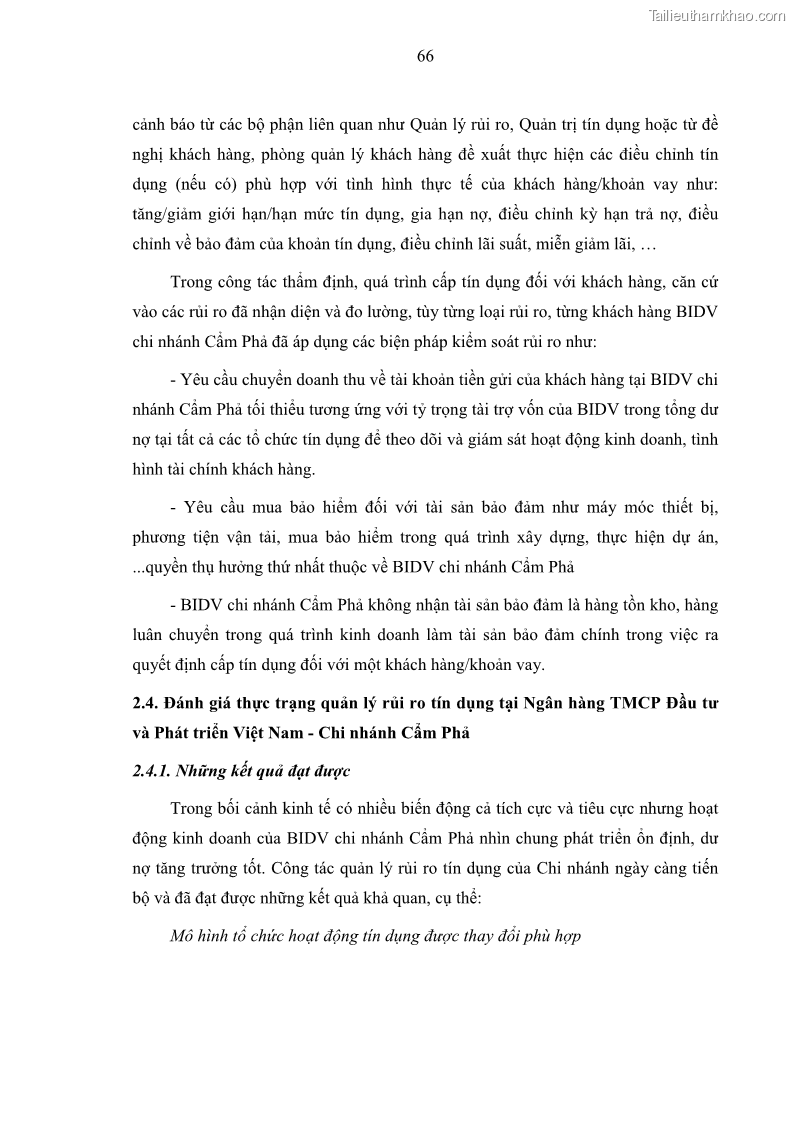 Luận văn thạc sĩ kinh doanh thương mại Hoạt động quản lý rủi ro tín dụng tại Ngân hàng TMCP Đầu tư và Phát triển Việt Nam - Chi nhánh Cẩm Phả - 7 Trang 76