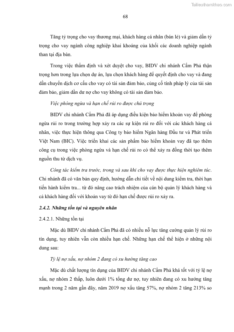 Luận văn thạc sĩ kinh doanh thương mại Hoạt động quản lý rủi ro tín dụng tại Ngân hàng TMCP Đầu tư và Phát triển Việt Nam - Chi nhánh Cẩm Phả - 7 Trang 78