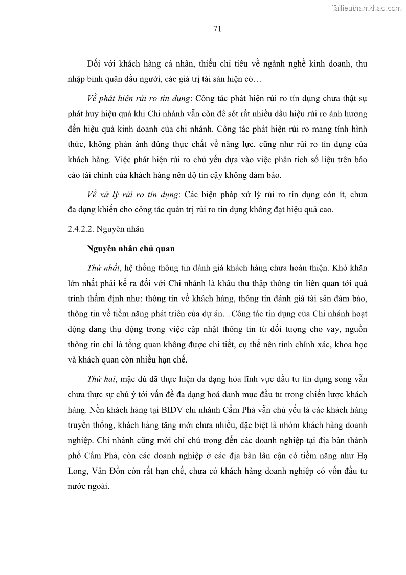 Luận văn thạc sĩ kinh doanh thương mại Hoạt động quản lý rủi ro tín dụng tại Ngân hàng TMCP Đầu tư và Phát triển Việt Nam - Chi nhánh Cẩm Phả - 7 Trang 81