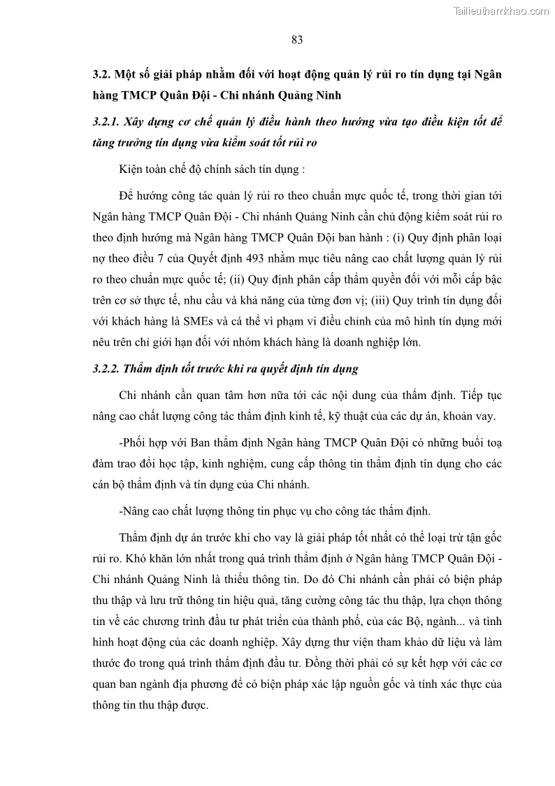 Luận văn thạc sĩ kinh doanh thương mại Hoạt động quản lý rủi ro tín dụng tại Ngân hàng TMCP Quân Đội - Chi nhánh Quảng Ninh - 8 Trang 94