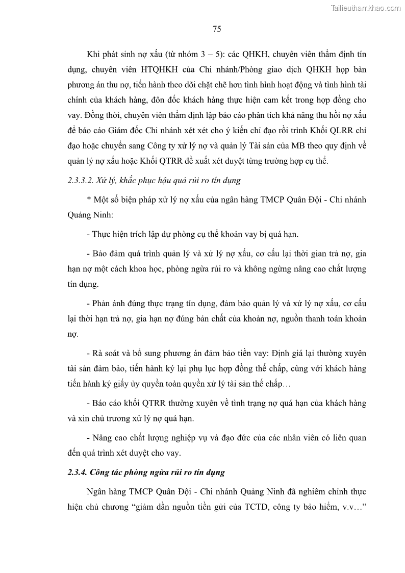 Luận văn thạc sĩ kinh doanh thương mại Hoạt động quản lý rủi ro tín dụng tại Ngân hàng TMCP Quân Đội - Chi nhánh Quảng Ninh - 8 Trang 86