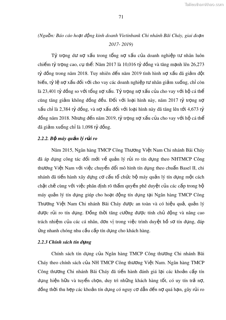Luận văn thạc sĩ kinh doanh thương mại Hoạt động quản lý rủi ro tín dụng tại Ngân hàng TMCP Công Thương – Chi nhánh Bãi Cháy - 8 Trang 86