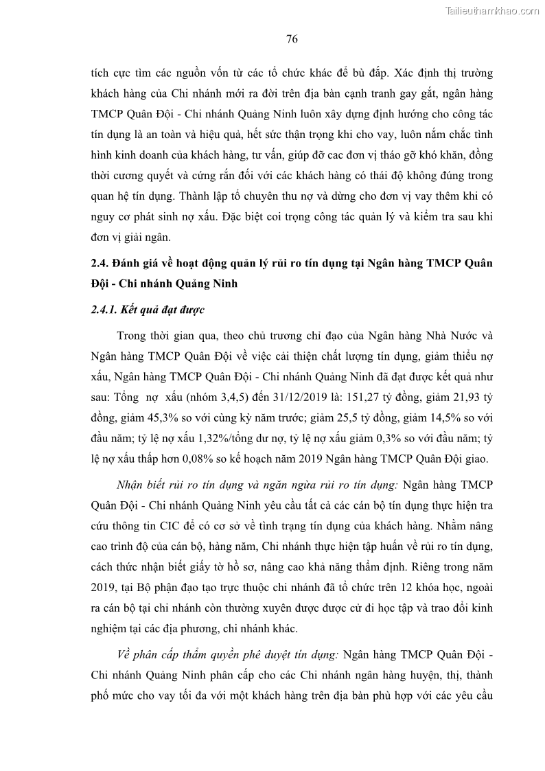 Luận văn thạc sĩ kinh doanh thương mại Hoạt động quản lý rủi ro tín dụng tại Ngân hàng TMCP Quân Đội - Chi nhánh Quảng Ninh - 8 Trang 87