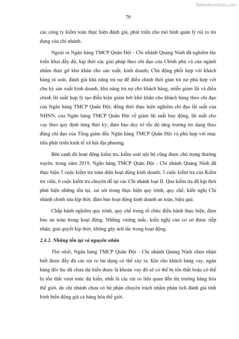 Luận văn thạc sĩ kinh doanh thương mại Hoạt động quản lý rủi ro tín dụng tại Ngân hàng TMCP Quân Đội - Chi nhánh Quảng Ninh - 8 Trang 90