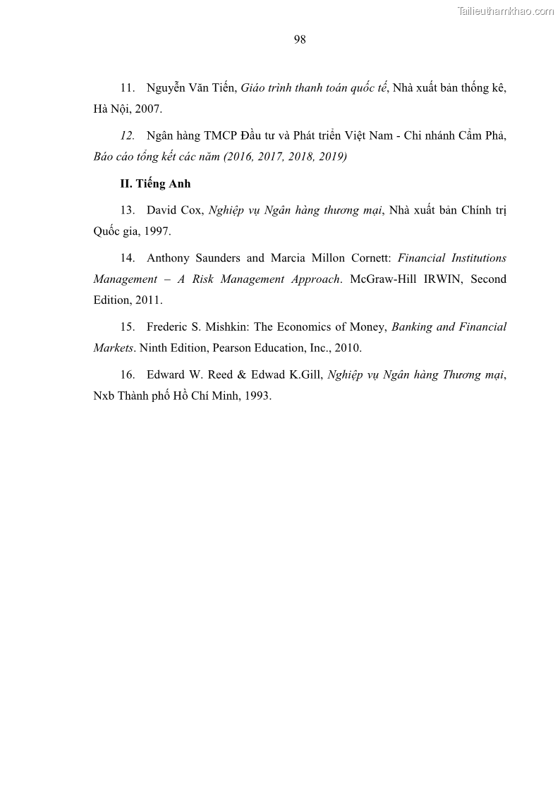 Luận văn thạc sĩ kinh doanh thương mại Hoạt động quản lý rủi ro tín dụng tại Ngân hàng TMCP Đầu tư và Phát triển Việt Nam - Chi nhánh Cẩm Phả - 9 Trang 108