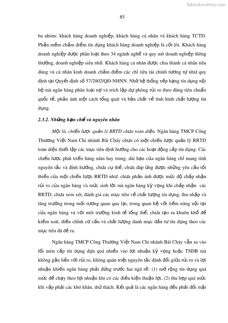 Luận văn thạc sĩ kinh doanh thương mại Hoạt động quản lý rủi ro tín dụng tại Ngân hàng TMCP Công Thương – Chi nhánh Bãi Cháy - 9 Trang 100