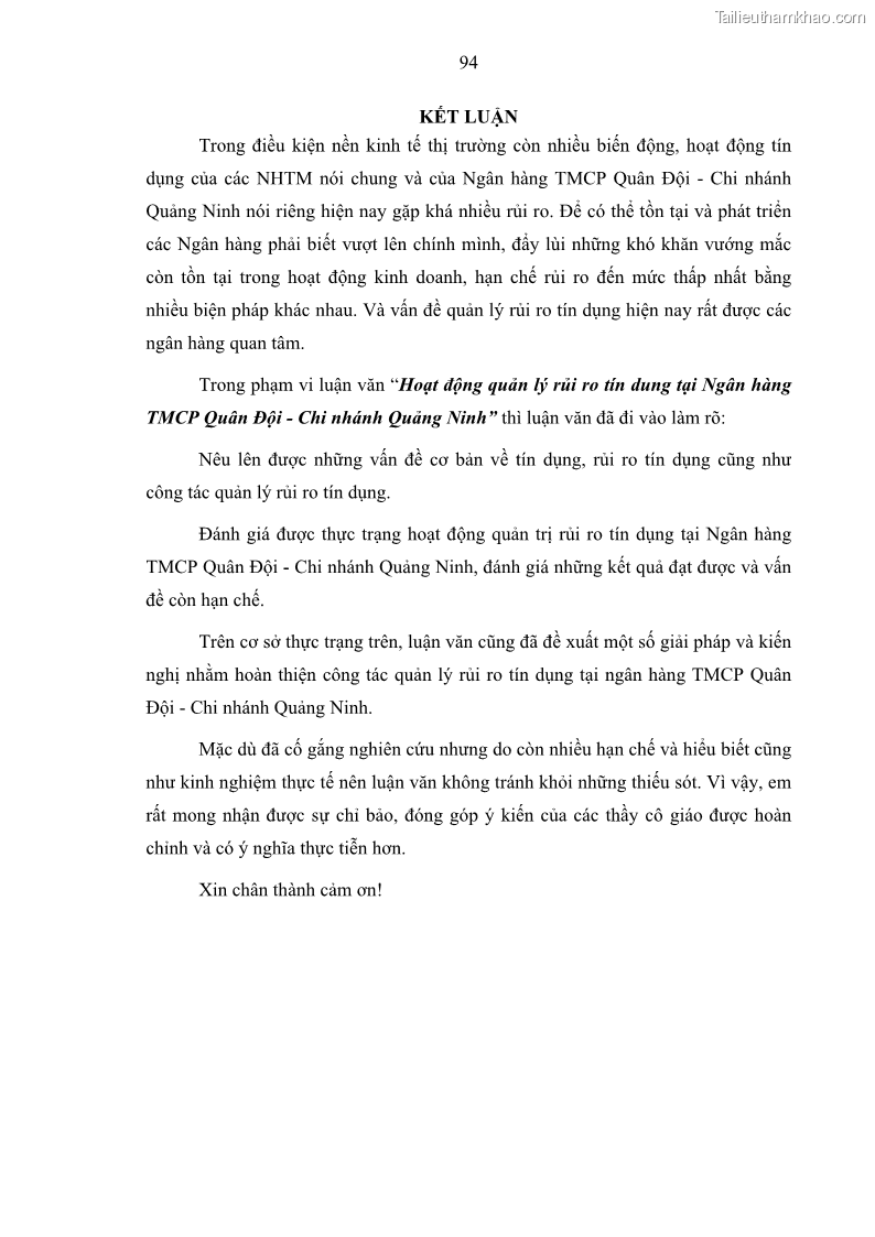 Luận văn thạc sĩ kinh doanh thương mại Hoạt động quản lý rủi ro tín dụng tại Ngân hàng TMCP Quân Đội - Chi nhánh Quảng Ninh - 9 Trang 105
