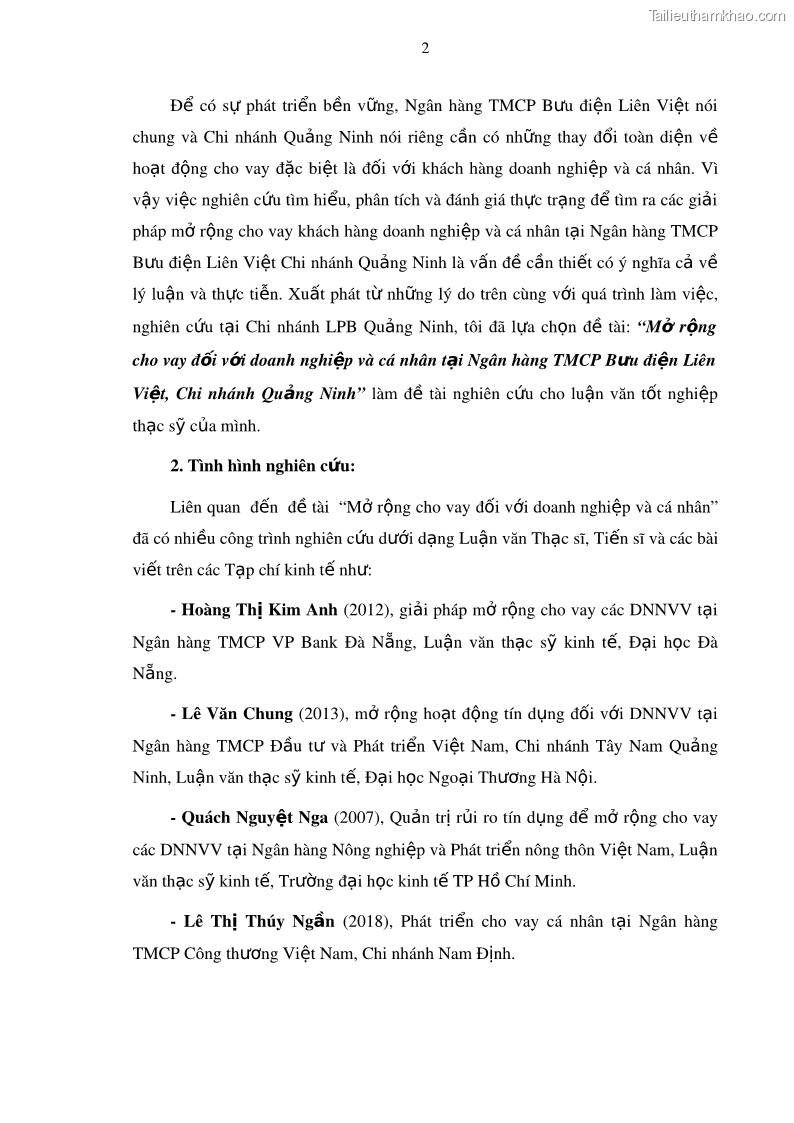 Luận văn thạc sĩ kinh doanh thương mại Mở rộng cho vay đối với Doanh nghiệp và Cá nhân tại Ngân hàng TMCP Bưu điện Liên Việt, Chi nhánh Quảng Ninh - 2 Trang 16