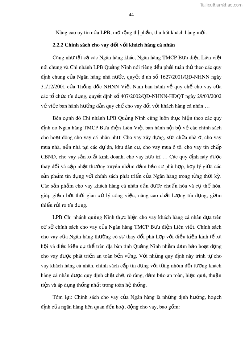 Luận văn thạc sĩ kinh doanh thương mại Mở rộng cho vay đối với Doanh nghiệp và Cá nhân tại Ngân hàng TMCP Bưu điện Liên Việt, Chi nhánh Quảng Ninh - 5 Trang 58