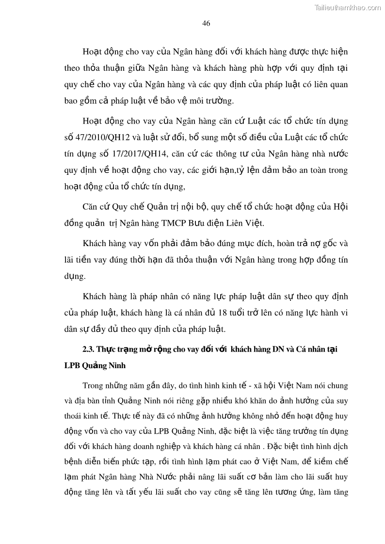 Luận văn thạc sĩ kinh doanh thương mại Mở rộng cho vay đối với Doanh nghiệp và Cá nhân tại Ngân hàng TMCP Bưu điện Liên Việt, Chi nhánh Quảng Ninh - 5 Trang 60