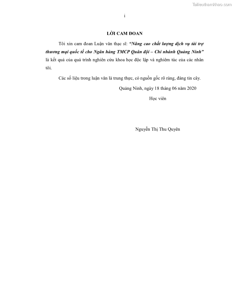 Luận văn thạc sĩ kinh doanh thương mại Nâng cao chất lượng dịch vụ tài trợ thương mại quốc tế cho Ngân hàng TMCP Quân đội – Chi nhánh Quảng Ninh - 1 Trang 3