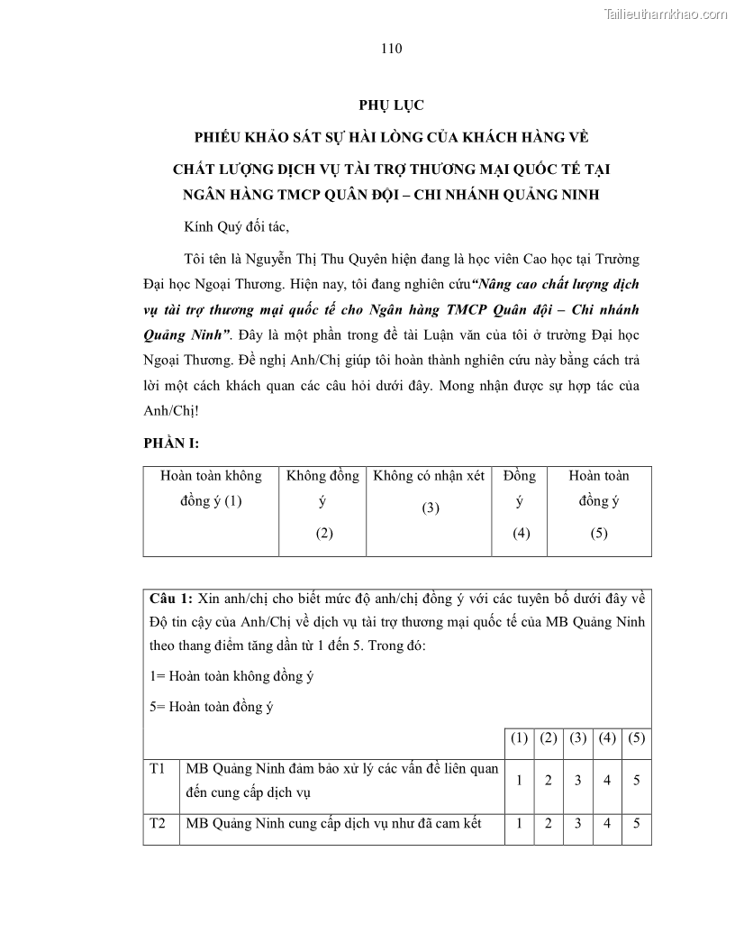 Luận văn thạc sĩ kinh doanh thương mại Nâng cao chất lượng dịch vụ tài trợ thương mại quốc tế cho Ngân hàng TMCP Quân đội – Chi nhánh Quảng Ninh - 11 Trang 122