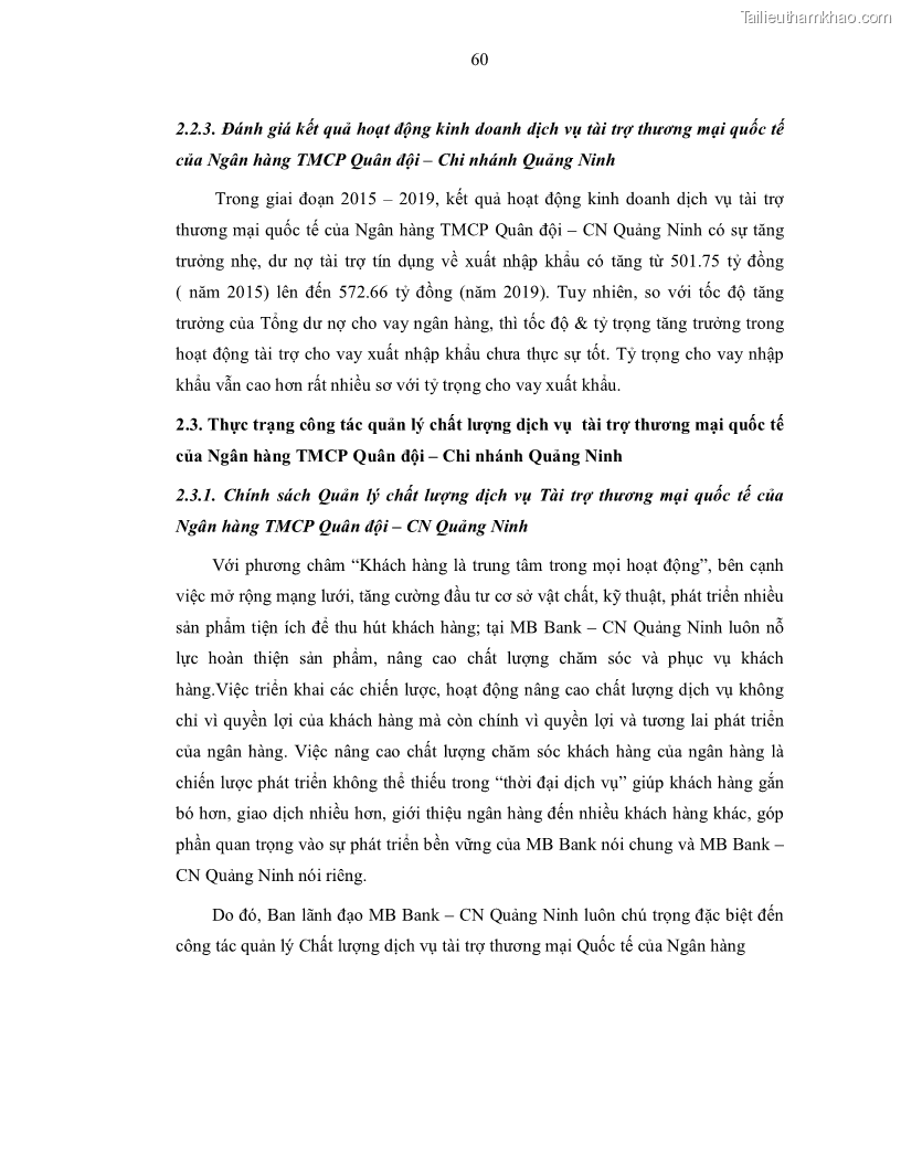 Luận văn thạc sĩ kinh doanh thương mại Nâng cao chất lượng dịch vụ tài trợ thương mại quốc tế cho Ngân hàng TMCP Quân đội – Chi nhánh Quảng Ninh - 6 Trang 72