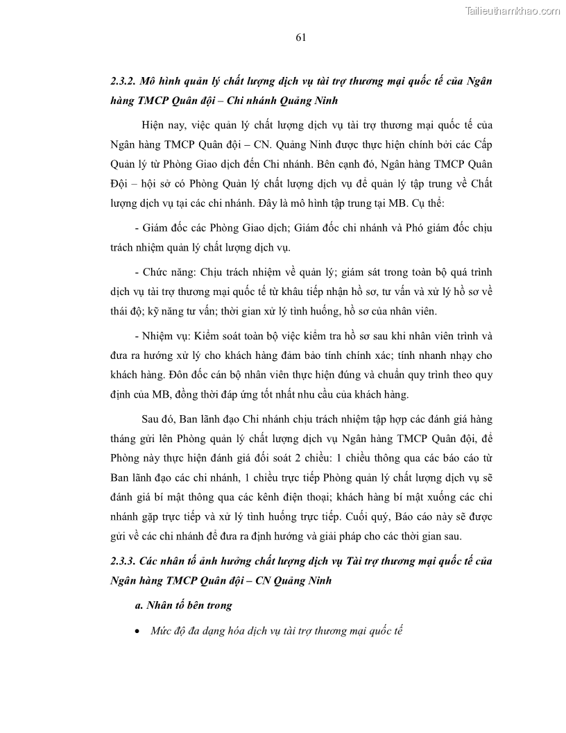Luận văn thạc sĩ kinh doanh thương mại Nâng cao chất lượng dịch vụ tài trợ thương mại quốc tế cho Ngân hàng TMCP Quân đội – Chi nhánh Quảng Ninh - 7 Trang 73