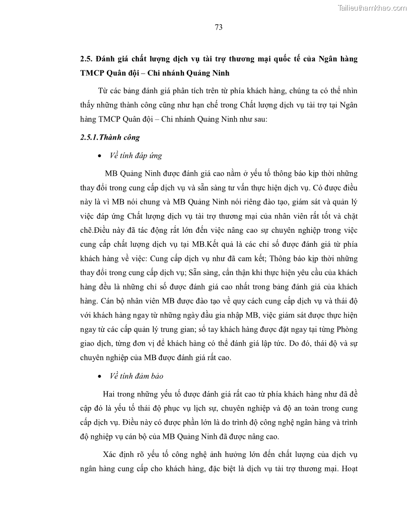 Luận văn thạc sĩ kinh doanh thương mại Nâng cao chất lượng dịch vụ tài trợ thương mại quốc tế cho Ngân hàng TMCP Quân đội – Chi nhánh Quảng Ninh - 8 Trang 85