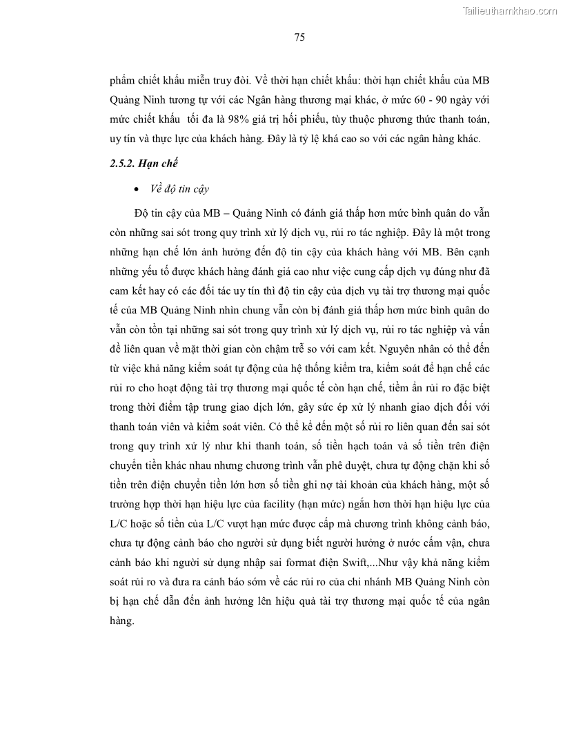 Luận văn thạc sĩ kinh doanh thương mại Nâng cao chất lượng dịch vụ tài trợ thương mại quốc tế cho Ngân hàng TMCP Quân đội – Chi nhánh Quảng Ninh - 8 Trang 87