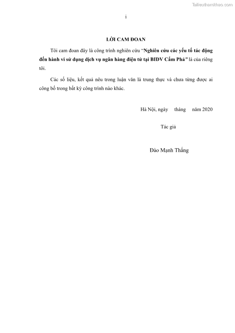 Luận văn thạc sĩ kinh doanh thương mại Nghiên cứu các yếu tố tác động đến hành vi sử dụng dịch vụ ngân hàng điện tử tại BIDV Cẩm Phả - 1 Trang 3