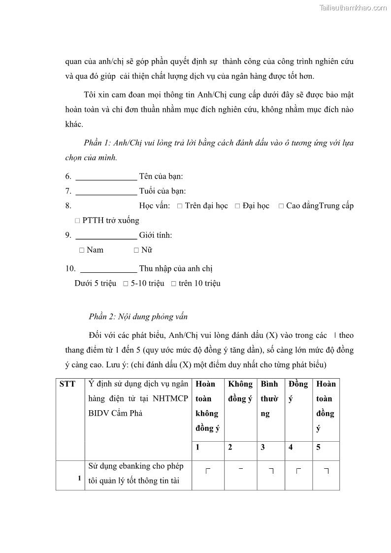 Luận văn thạc sĩ kinh doanh thương mại Nghiên cứu các yếu tố tác động đến hành vi sử dụng dịch vụ ngân hàng điện tử tại BIDV Cẩm Phả - 8 Trang 87