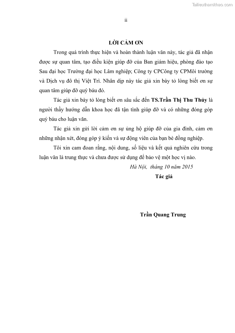 Luận văn thạc sĩ khoa học lâm nghiệp Giải pháp nâng cao chất lượng quản lý rác thải sinh hoạt tại Công ty cổ phần Môi trường và Dịch vụ đô thị Việt Trì - 1 Trang 2