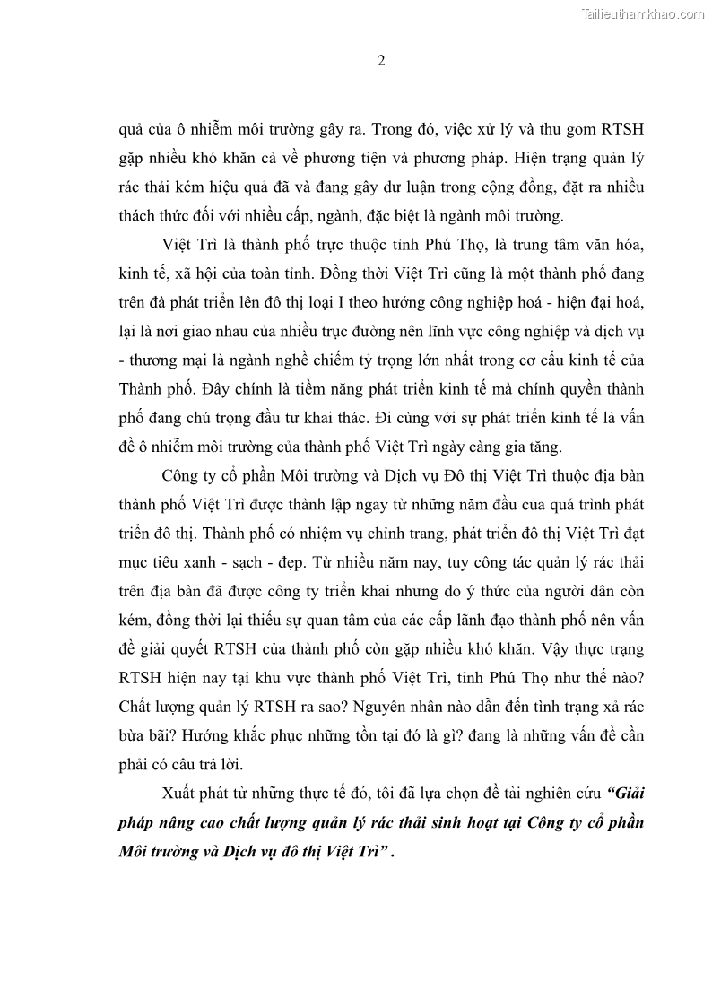 Luận văn thạc sĩ khoa học lâm nghiệp Giải pháp nâng cao chất lượng quản lý rác thải sinh hoạt tại Công ty cổ phần Môi trường và Dịch vụ đô thị Việt Trì - 1 Trang 9