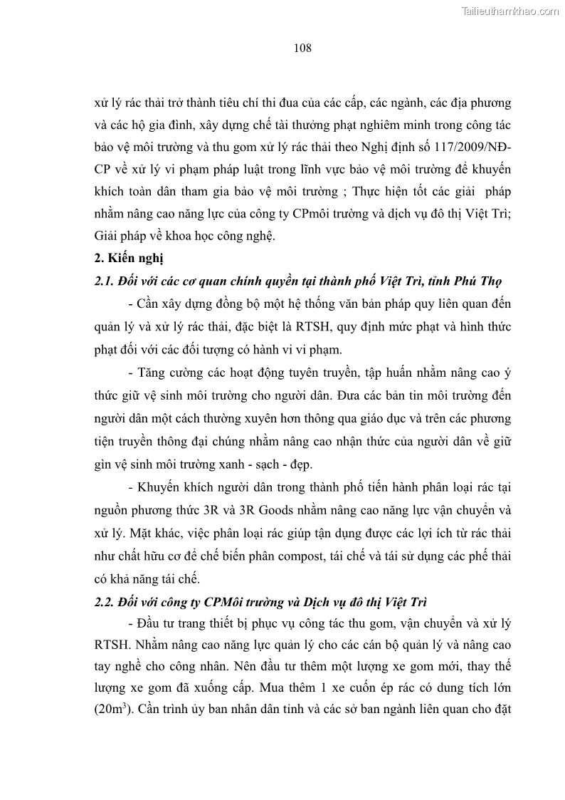 Luận văn thạc sĩ khoa học lâm nghiệp Giải pháp nâng cao chất lượng quản lý rác thải sinh hoạt tại Công ty cổ phần Môi trường và Dịch vụ đô thị Việt Trì - 10 Trang 118