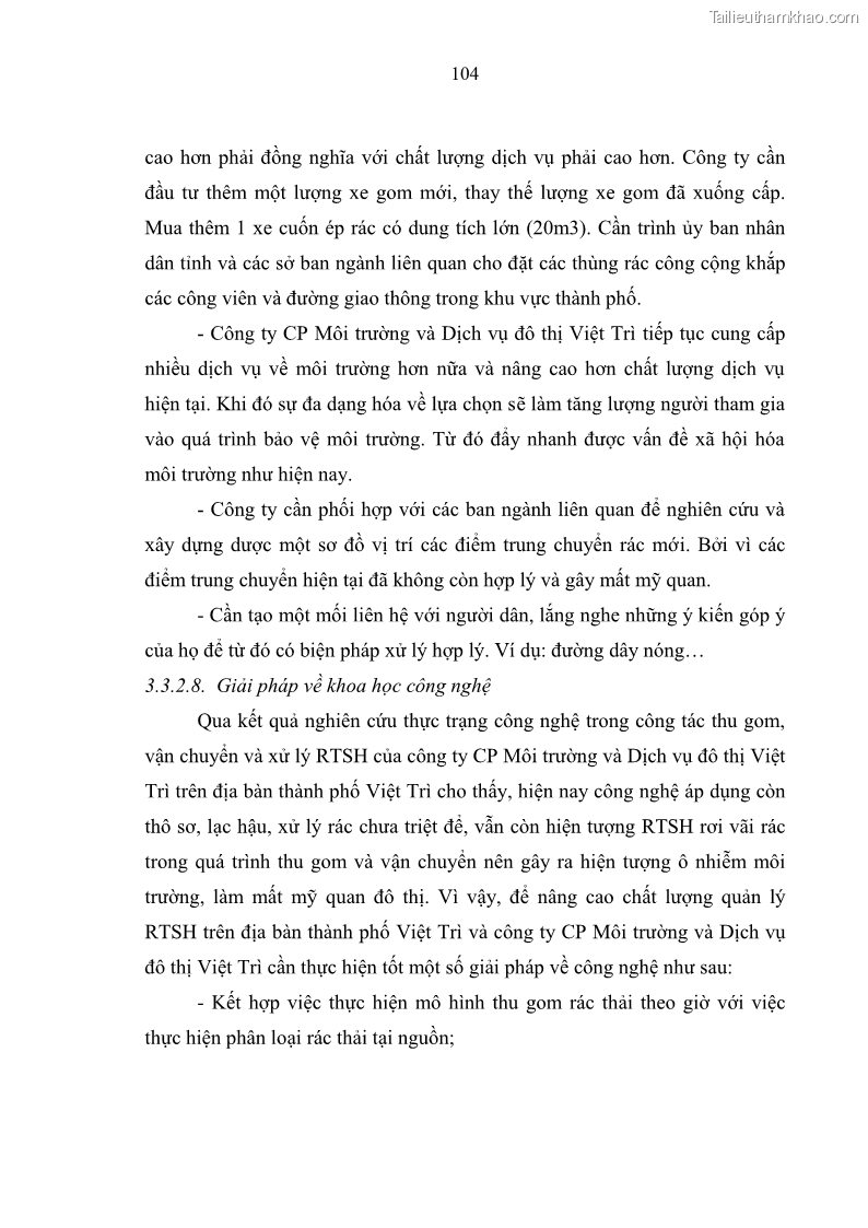 Luận văn thạc sĩ khoa học lâm nghiệp Giải pháp nâng cao chất lượng quản lý rác thải sinh hoạt tại Công ty cổ phần Môi trường và Dịch vụ đô thị Việt Trì - 10 Trang 114