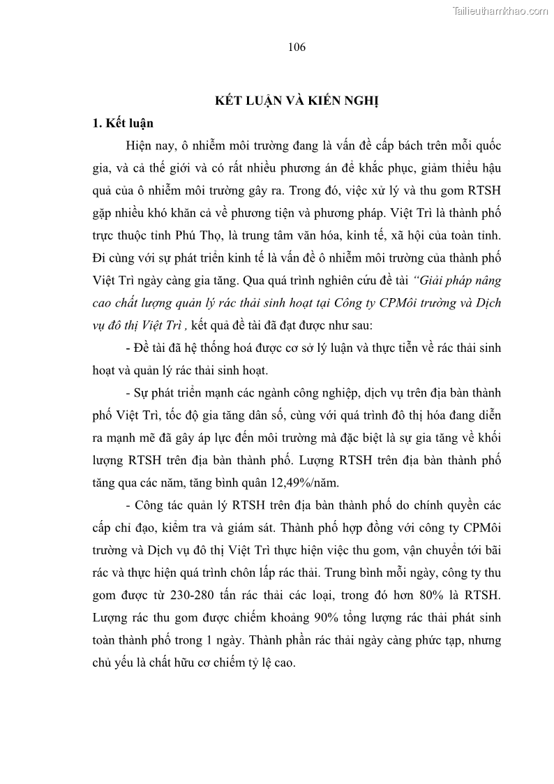 Luận văn thạc sĩ khoa học lâm nghiệp Giải pháp nâng cao chất lượng quản lý rác thải sinh hoạt tại Công ty cổ phần Môi trường và Dịch vụ đô thị Việt Trì - 10 Trang 116