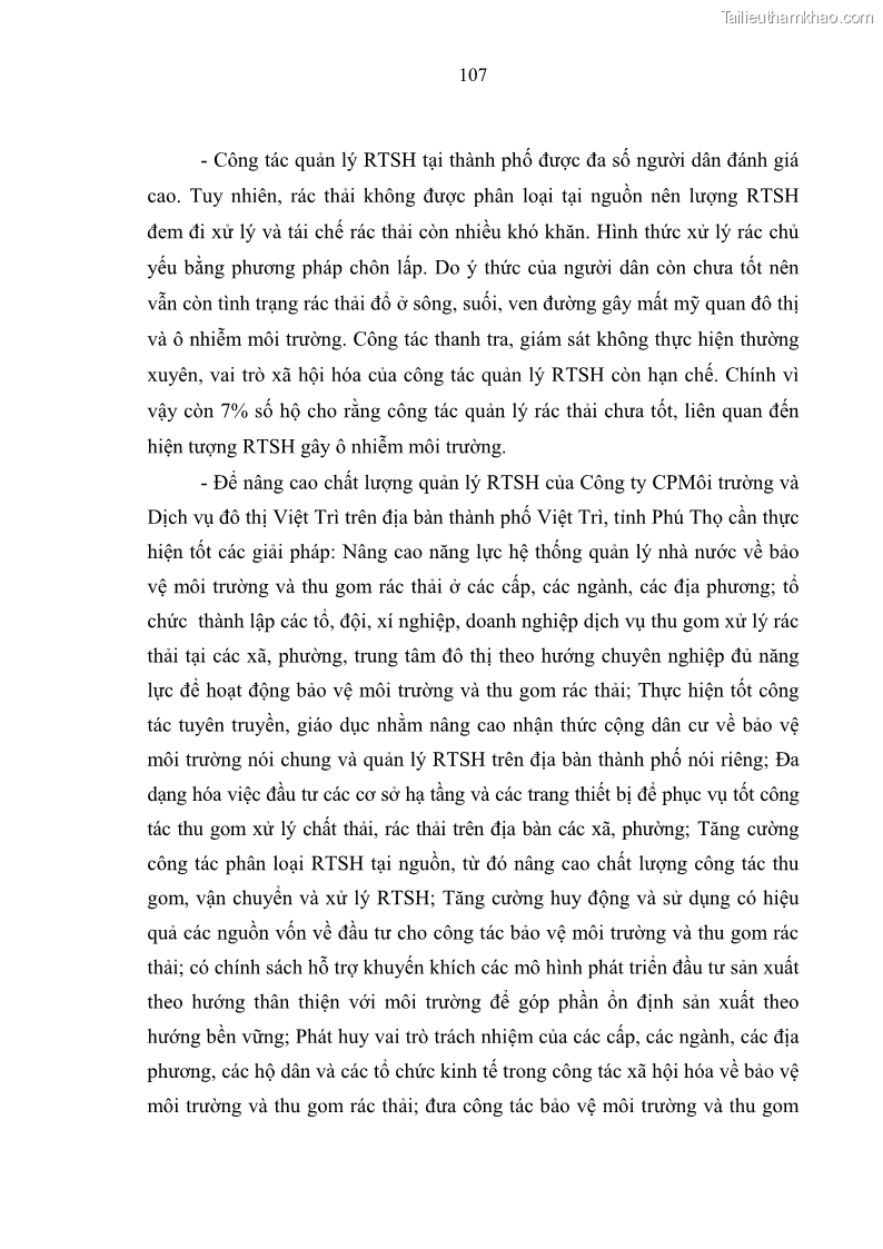 Luận văn thạc sĩ khoa học lâm nghiệp Giải pháp nâng cao chất lượng quản lý rác thải sinh hoạt tại Công ty cổ phần Môi trường và Dịch vụ đô thị Việt Trì - 10 Trang 117