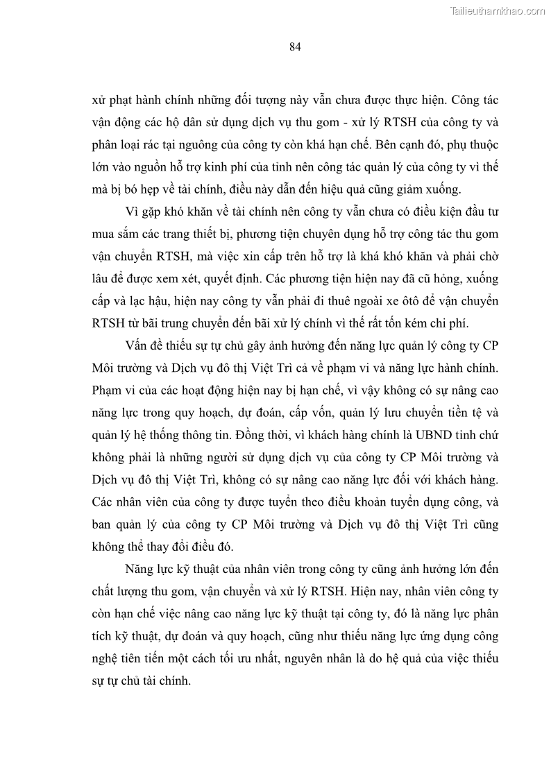Luận văn thạc sĩ khoa học lâm nghiệp Giải pháp nâng cao chất lượng quản lý rác thải sinh hoạt tại Công ty cổ phần Môi trường và Dịch vụ đô thị Việt Trì - 8 Trang 94