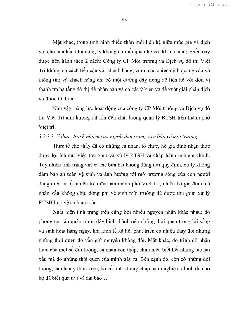 Luận văn thạc sĩ khoa học lâm nghiệp Giải pháp nâng cao chất lượng quản lý rác thải sinh hoạt tại Công ty cổ phần Môi trường và Dịch vụ đô thị Việt Trì - 8 Trang 95