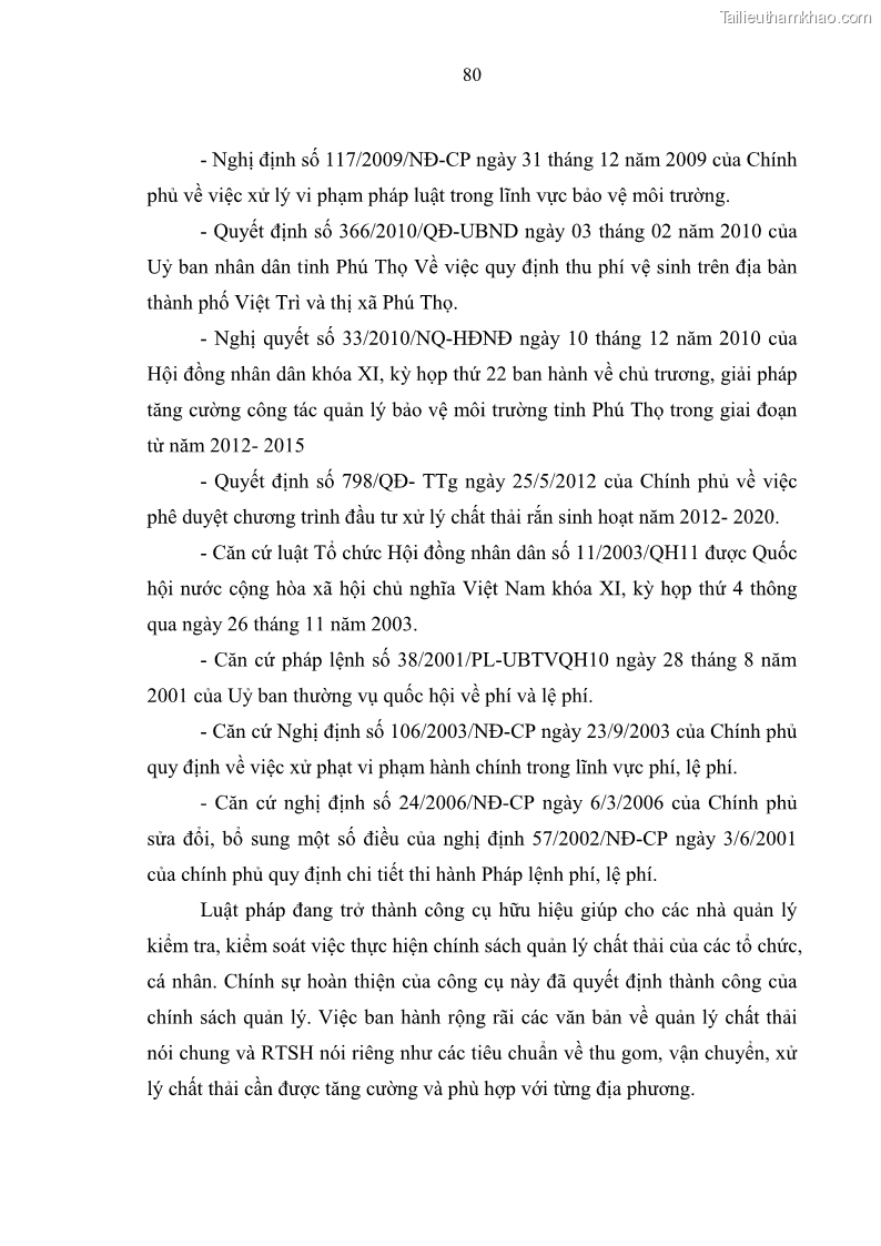 Luận văn thạc sĩ khoa học lâm nghiệp Giải pháp nâng cao chất lượng quản lý rác thải sinh hoạt tại Công ty cổ phần Môi trường và Dịch vụ đô thị Việt Trì - 8 Trang 90