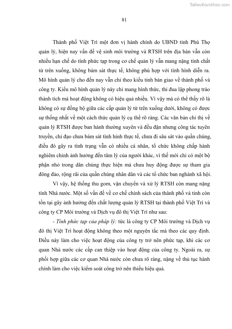 Luận văn thạc sĩ khoa học lâm nghiệp Giải pháp nâng cao chất lượng quản lý rác thải sinh hoạt tại Công ty cổ phần Môi trường và Dịch vụ đô thị Việt Trì - 8 Trang 91