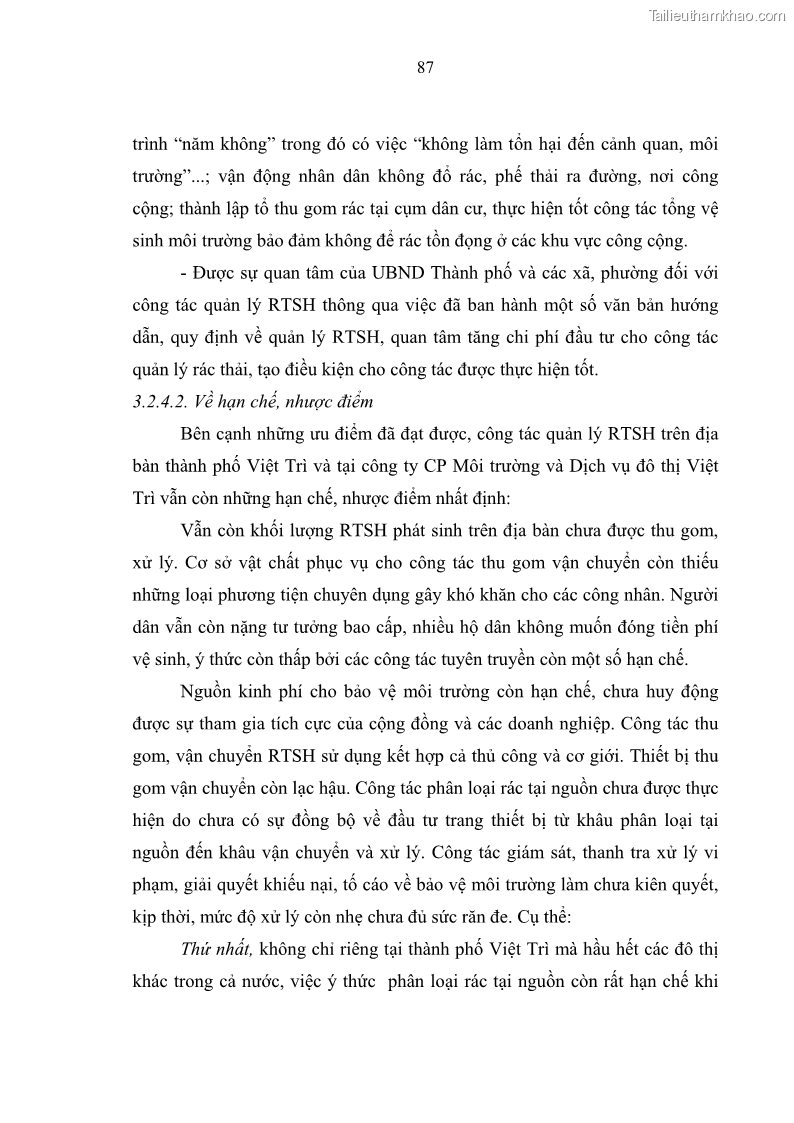 Luận văn thạc sĩ khoa học lâm nghiệp Giải pháp nâng cao chất lượng quản lý rác thải sinh hoạt tại Công ty cổ phần Môi trường và Dịch vụ đô thị Việt Trì - 9 Trang 97