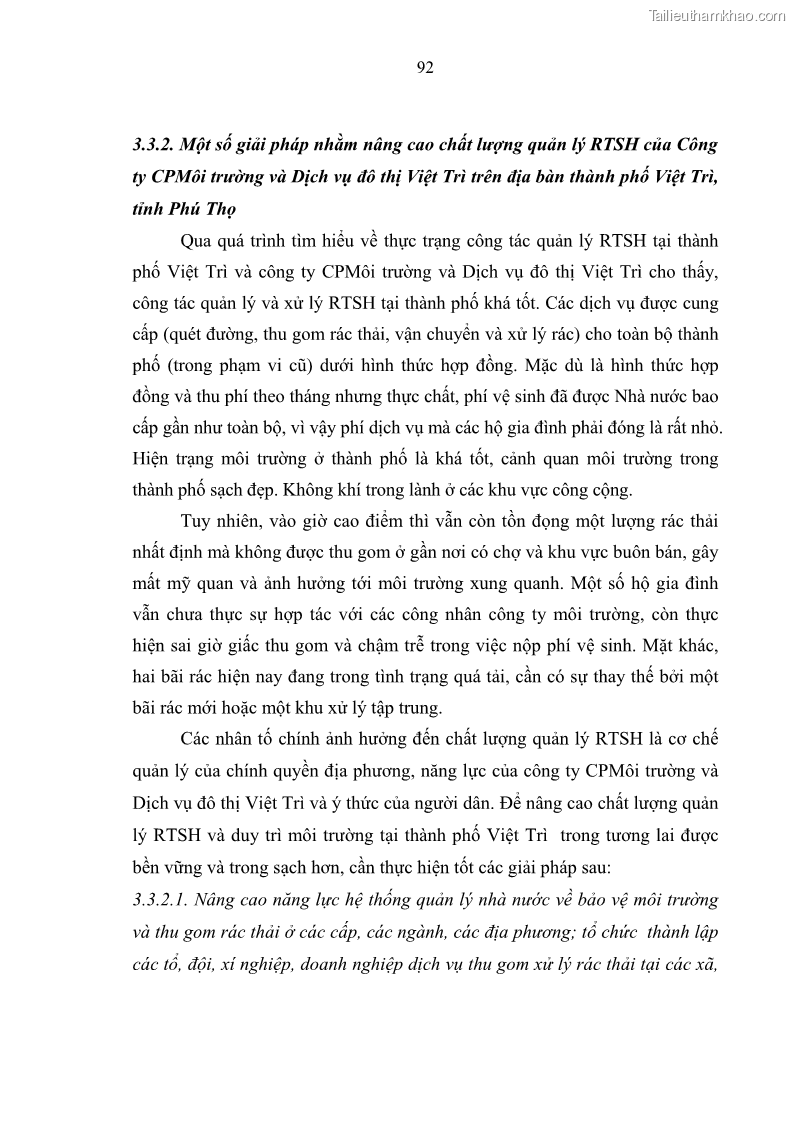 Luận văn thạc sĩ khoa học lâm nghiệp Giải pháp nâng cao chất lượng quản lý rác thải sinh hoạt tại Công ty cổ phần Môi trường và Dịch vụ đô thị Việt Trì - 9 Trang 102