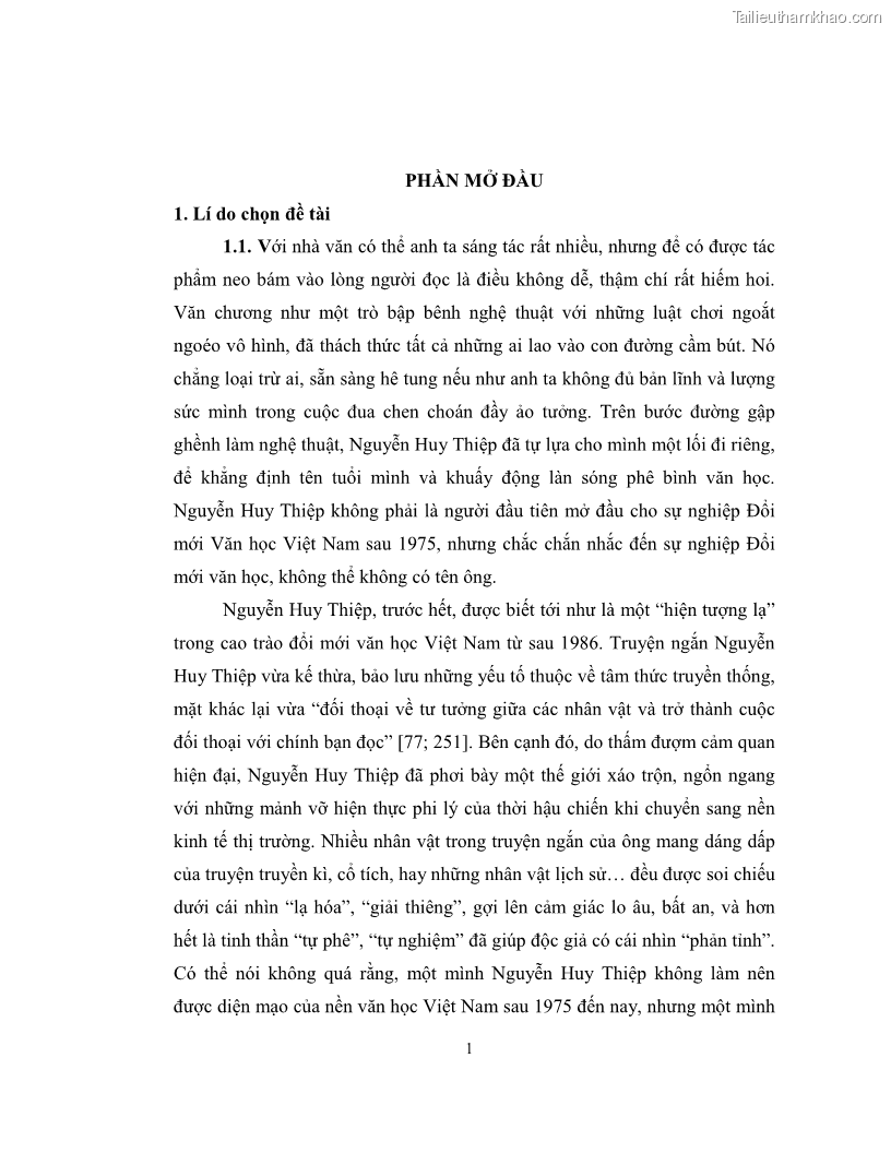 Luận văn thạc sĩ khoa học ngữ văn Không gian và thời gian nghệ thuật trong truyện ngắn Nguyễn Huy Thiệp - 1 Trang 6