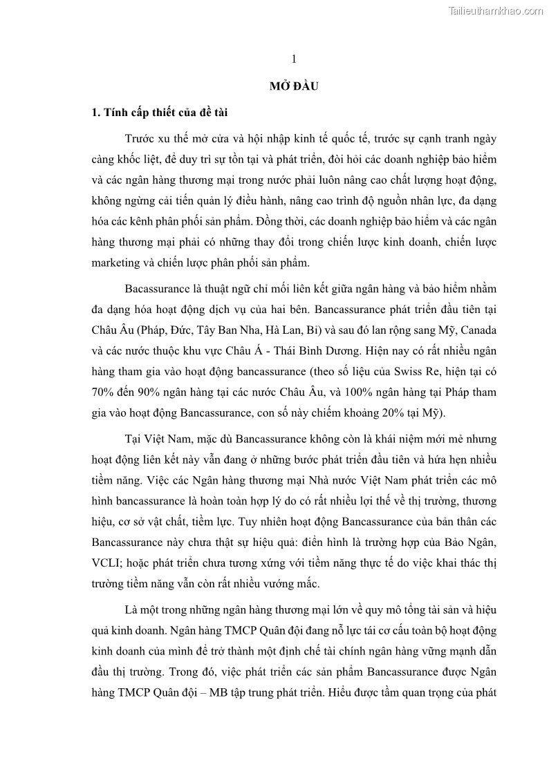 Luận văn thạc sĩ kinh doanh thương mại Phát triển các sản phẩm Bancassurance tại Ngân hàng TMCP Quân đội – MB - 1 Trang 10