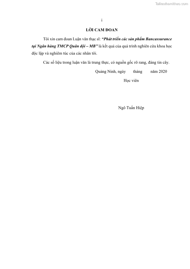 Luận văn thạc sĩ kinh doanh thương mại Phát triển các sản phẩm Bancassurance tại Ngân hàng TMCP Quân đội – MB - 1 Trang 3