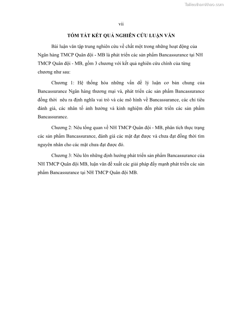 Luận văn thạc sĩ kinh doanh thương mại Phát triển các sản phẩm Bancassurance tại Ngân hàng TMCP Quân đội – MB - 1 Trang 9
